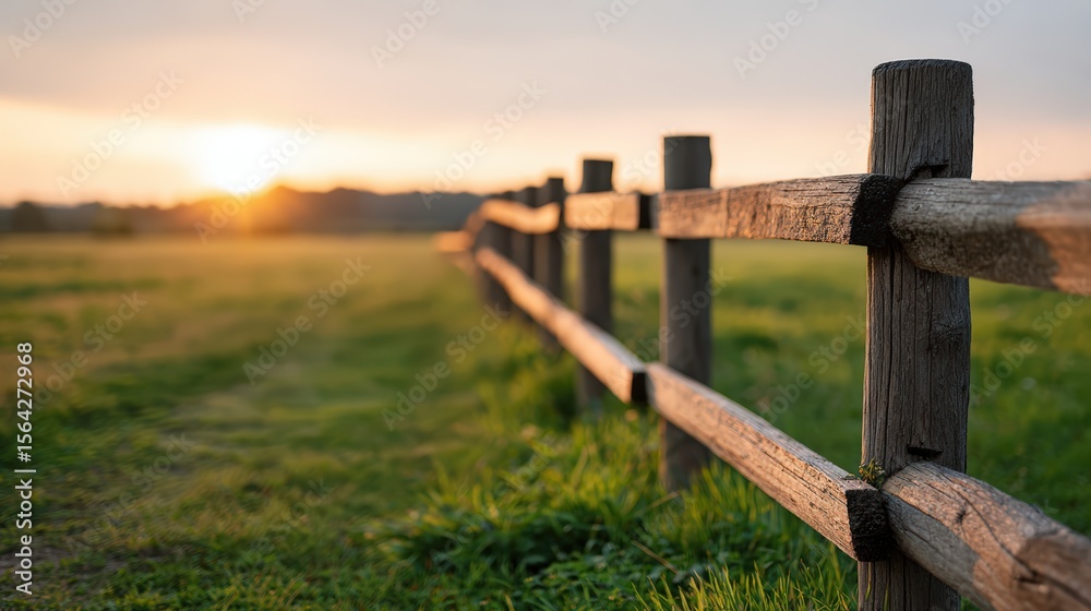 Fototapeta premium Rustic wooden fence at sunrise in tranquil field