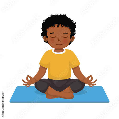 Little African boy practicing yoga meditation sitting in lotus pose on mat at home