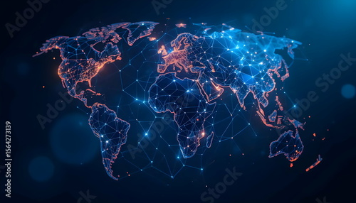 Connected world map highlights global networks in a futuristic digital design emphasizing communication and international relations.