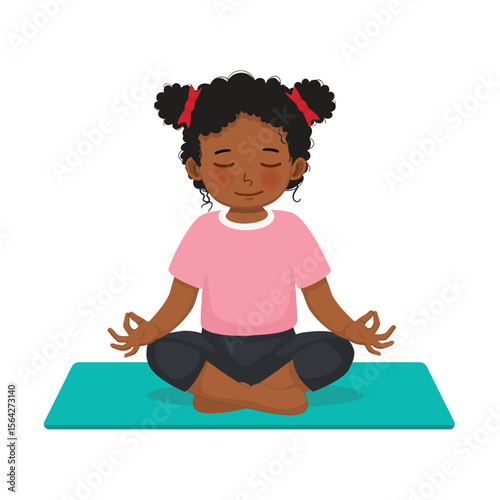 Little African girl practicing yoga meditation sitting in lotus pose on mat at home
