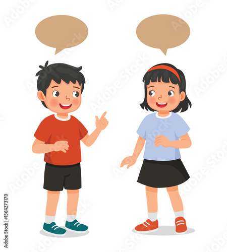 Little children talking to each other having conversation with speech bubbles