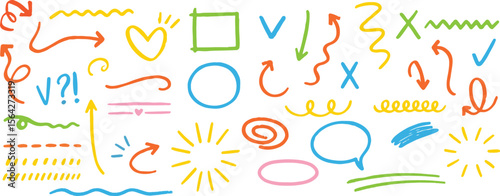 Hand-drawn style elements including arrows, underlines, marks, and decorative doodles. Perfect for presentations, journaling, teaching materials, and creative content design.