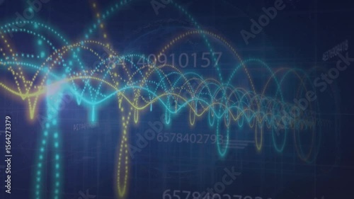 Particles moving inward, converging into cyan amber waveforms scrolling numbers for analytics