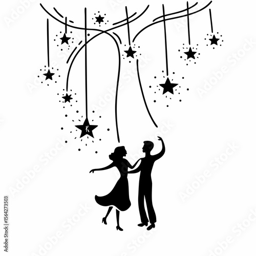 A couple dances under falling stars in a romantic celebration of love