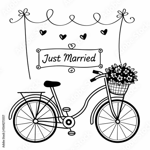 A bicycle decorated with flowers and a just married banner isolated on white background