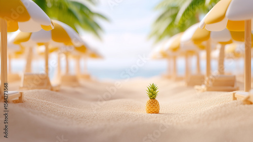 Pineapple on sandy beach with yellow umbrellas, tropical palm trees, summer vacation, relaxing and cheerful mood