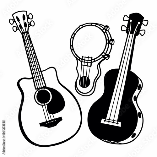 Acoustic guitars and a tambourine are isolated on white background in black outline