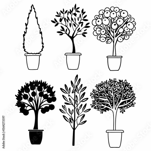 Six potted trees are isolated on white background in black outline style