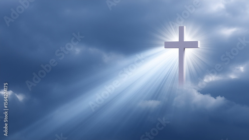 Radiant cross shining through dark clouds with beams of light, symbolizing hope and faith in dramatic sky scene