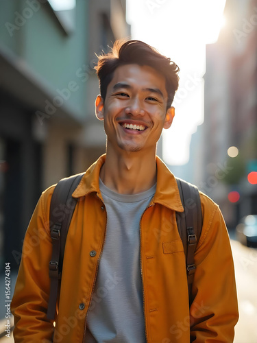 Happy Asian Man Smiling in City Street