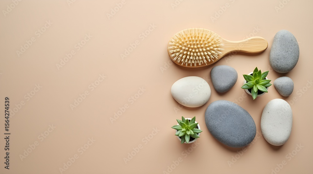 Fototapeta premium Brush, stones, and succulent on beige isolated background