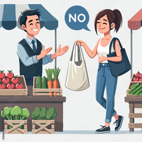 Man Offering Vegetables at Market Stall as Woman Declines with No