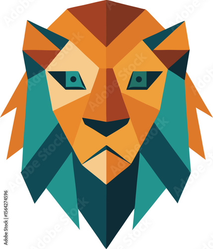 Abstract geometric lion head, bold flat colours (mustard + burnt orange + teal), modern African motif with white background.