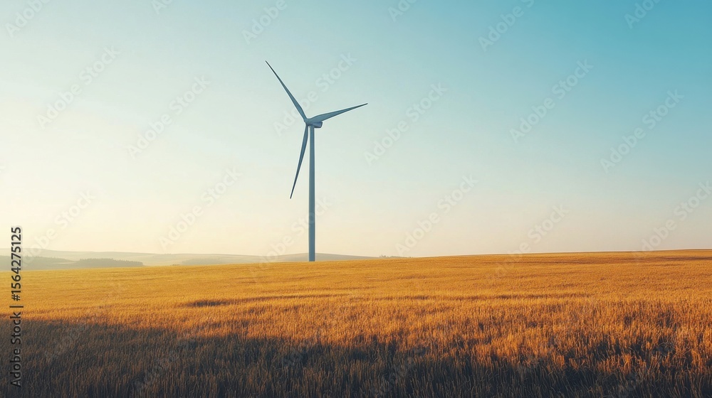 Obraz premium A wind turbine in a vast field harnessing wind energy, with clear skies and a blurred background,