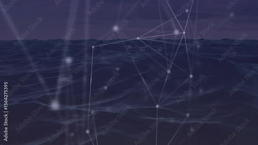 Faint glowing nodes appearing above ocean forming mesh pulsing rotating dissolving for network demo