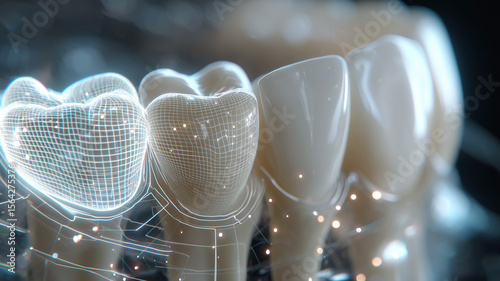 Futuristic digital dentistry visualization showing holographic mesh overlay mapping tooth enamel for precise CAD CAM modeling.
