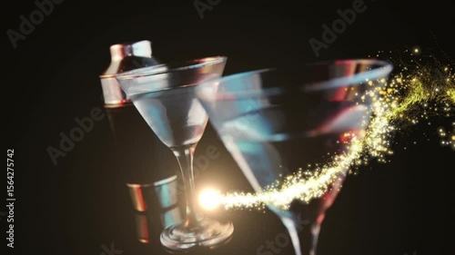 Golden sparkles forming at left edge swirling around glassware and shaker guiding olive drop