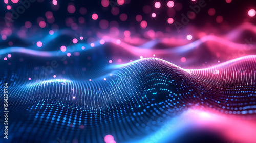 A blue and pink wave with a lot of dots. The dots are scattered all over the wave, giving it a dreamy, ethereal quality