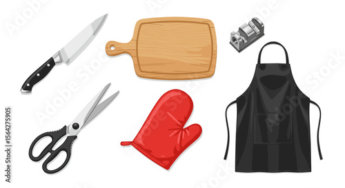 Illustration of a kitchen knife, cutting board, sharpener, apron, scissors, and oven mitt set up nicely