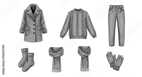 Illustration of an ensemble featuring a coat, sweater, trousers, scarves, socks, and gloves in gray tones