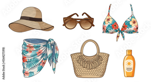 Illustration of beach essentials including a hat sunglasses bikini sarong bag and sunscreen bottle