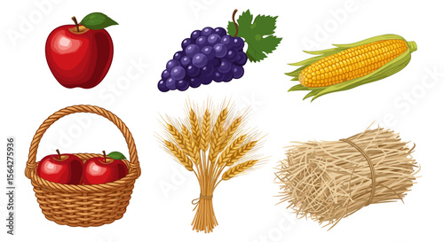 Illustration of a variety of harvested crops including apples, grapes, corn, wheat and hay bales