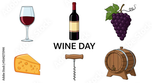 Illustration of wine day celebration with glass bottle grapes cheese corkscrew and barrel displayed nicely
