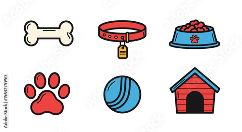 Illustration of dog bone collar dog food bowl paw print ball and dog house on a white background