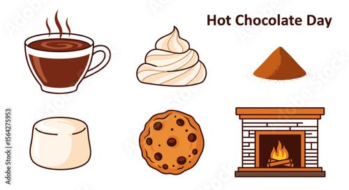 Illustration of hot chocolate with marshmallow cookie cocoa powder and fireplace for a cozy winter day