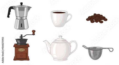 Assorted coffee and tea making equipment including a moka pot grinder and tea strainer displayed