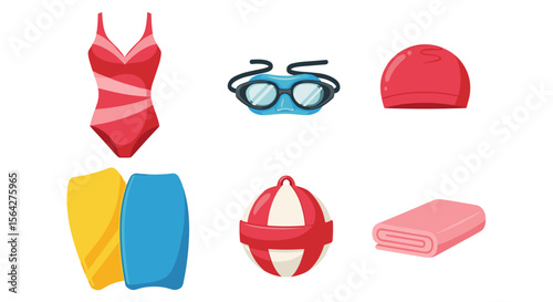 Illustration of swimming gear including a swimsuit goggles cap surfboards buoy and a rolled up towel