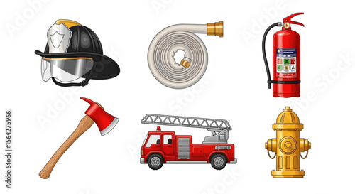 Illustration of firefighter equipment including helmet hose extinguisher truck and hydrant items set up nicely