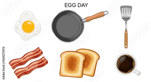 Illustration of a breakfast spread with egg bacon toast coffee pan and spatula for an egg day theme