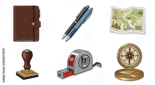 Illustration of a brown notebook, two pens, a map, a stamp, a tape measure, and a compass on white