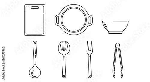 Outline drawing of kitchen utensils including cutting board tray bowl spoon salad fork and tongs arranged neatly