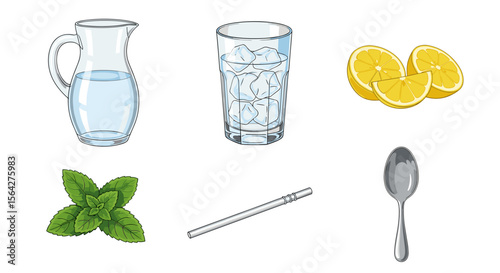 Illustration of a glass pitcher with water, glass with ice, lemons, mint, straw, and spoon arranged