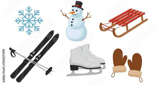 Illustration showcasing various winter activities and elements including snowman and skis and a snowflake