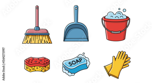 Illustration of a set of cleaning supplies including a broom, dustpan, bucket, sponge, soap, and gloves
