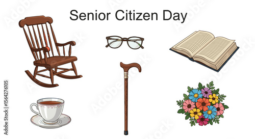 Illustration of senior citizen day elements including chair, book, tea, flowers and walking stick