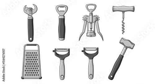 Illustration of a collection of kitchen tools including openers peelers and a grater in grayscale style