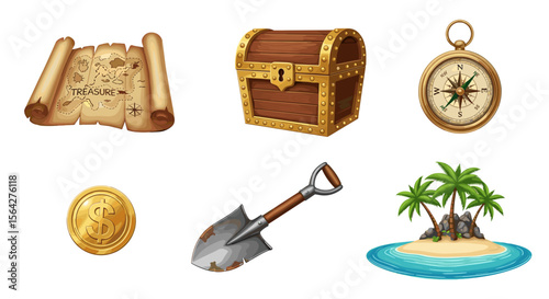 Collection of pirate themed items including a map chest compass coin shovel and tropical island scene