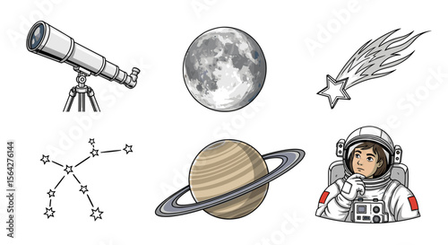 Illustration featuring a telescope, moon, comet, constellation, saturn and astronaut on white background