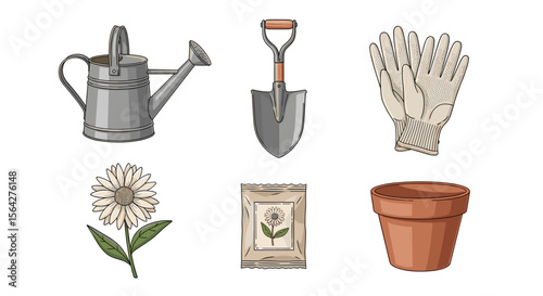 Illustration of gardening tools including a watering can shovel gloves flower seeds and a pot for planting