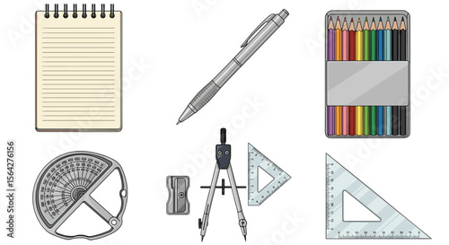 Illustration showing notebook pen colored pencils protractor sharpener compass and triangles on white background