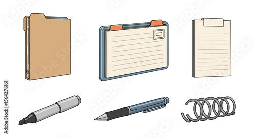 Illustration of office supplies including a file folder notepads pens and a metal spring coil object