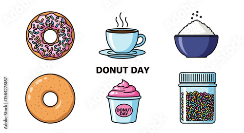 Donut day illustration featuring donuts, coffee, sugar, and sprinkles in a colorful arrangement