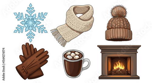 Winter themed illustration featuring snowflake, scarf, hat, gloves, hot chocolate and fireplace set up