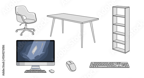 Illustration of a computer desk setup with a chair, computer, and bookshelf in a workspace setting