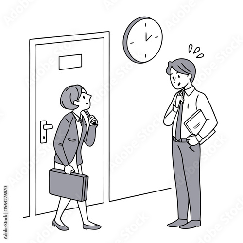 Businesswoman with briefcase approaches a door while a nervous businessman checks the clock anticipating a meeting or interview
