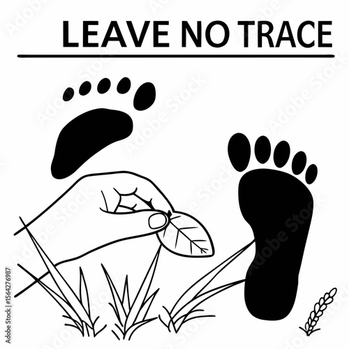 A hand picks up a leaf near footprints, promoting the leave no trace concept